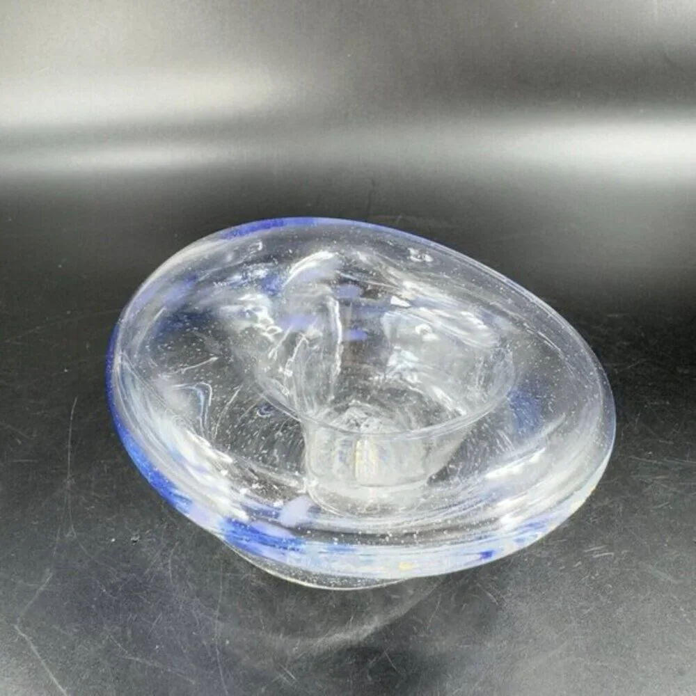 Vintage Hand Blown Art Glass Dish Bowl Clear With Blue Spots Hand Made Glass VTG